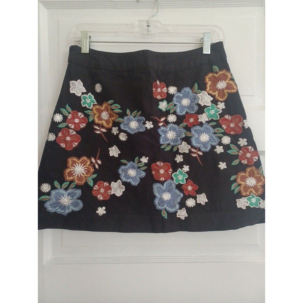 Topshop black floral embroidery mini skirt 8 cotton boho retro indie fall hippie